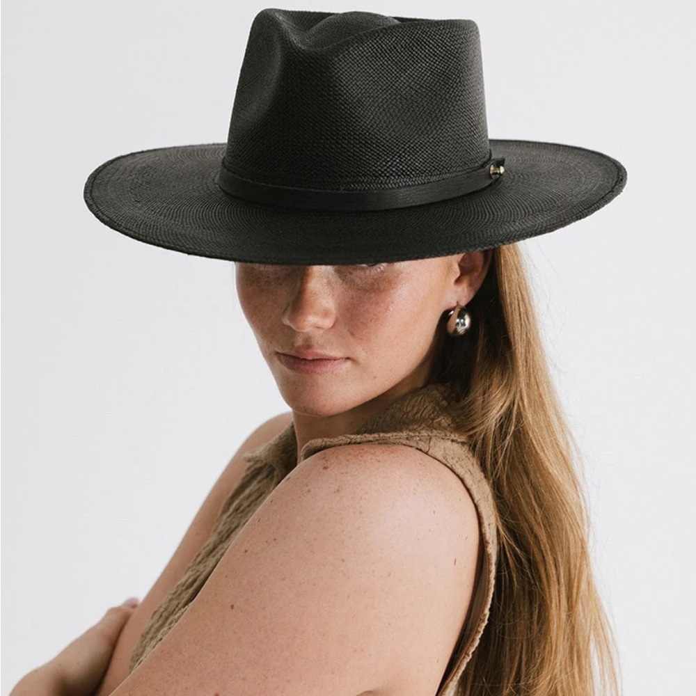 Gigi Pip Carmen Panama Straw Hat Teardrop Fedora Size 55 XS Black Retail $294